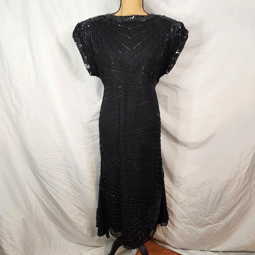 70s LAURENCE KAZAR Size XL Fabulous Silk‎ Beaded Maxi Gown Black Formal Dress EC